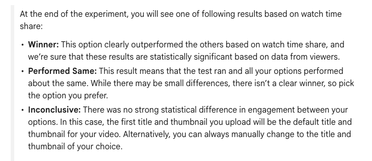 YouTube Help page defining the three A/B test results: Winner, Performed Same and Inconclusive, where the first upload becomes the default