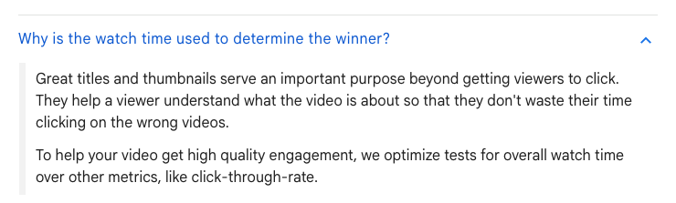 YouTube Help FAQ answer saying A/B tests optimise for overall watch time over click-through rate