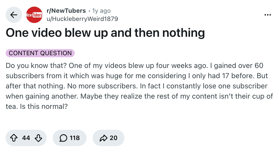 Screenshot of the r/NewTubers post "One video blew up and then nothing", read on 2 October 2026, where the poster describes 60 new subscribers after 17, then nothing.