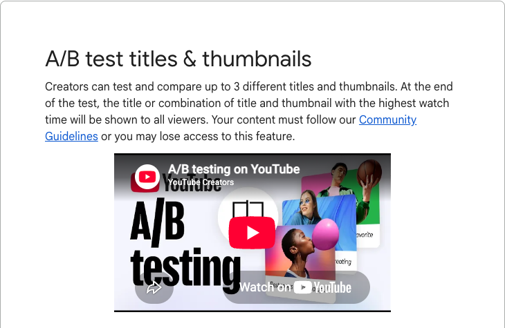 YouTube's own help page on A/B testing titles and thumbnails