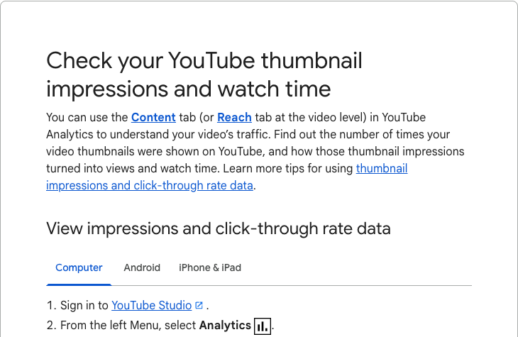 YouTube's own help page on checking impressions and click-through rate