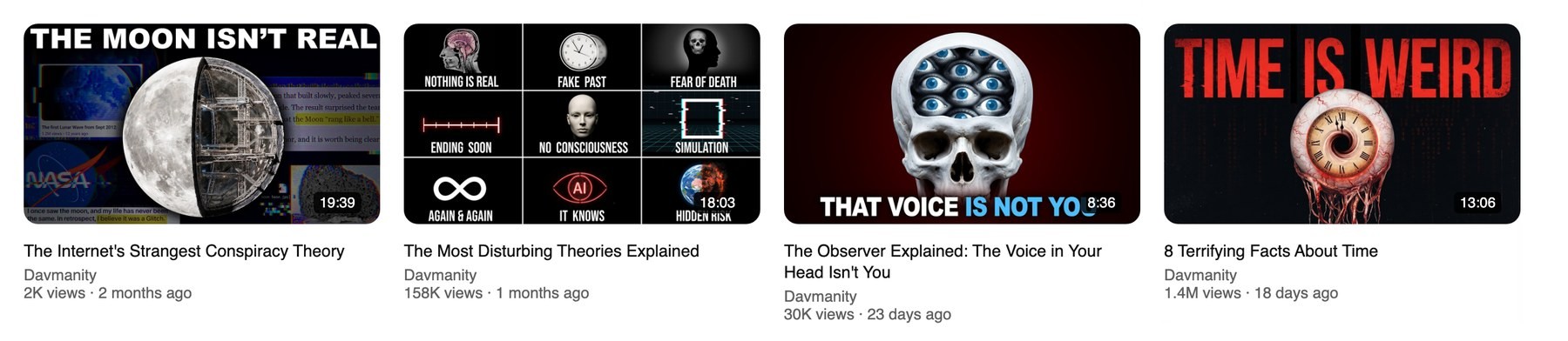 Davmanity channel upload grid with the 8 Terrifying Facts About Time video highlighted at 1.4M views on 14 September 2026; the creator's face appears in the video, so this is not a faceless channel