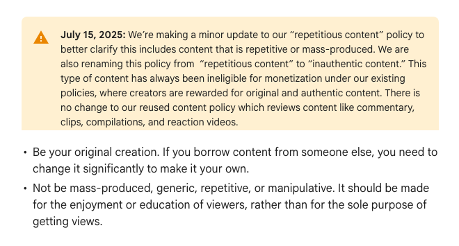 Screenshot of the YouTube Help monetisation policy showing the 15 July 2025 note renaming repetitious content to inauthentic content, plus the rules to be your original creation and not be mass-produced, generic, repetitive or manipulative