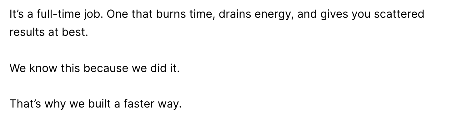 Screenshot of 1of10's blog post cropped so the sentence calling the manual method a full-time job that burns time and drains energy sits right above the pivot line introducing 1of10's own tool