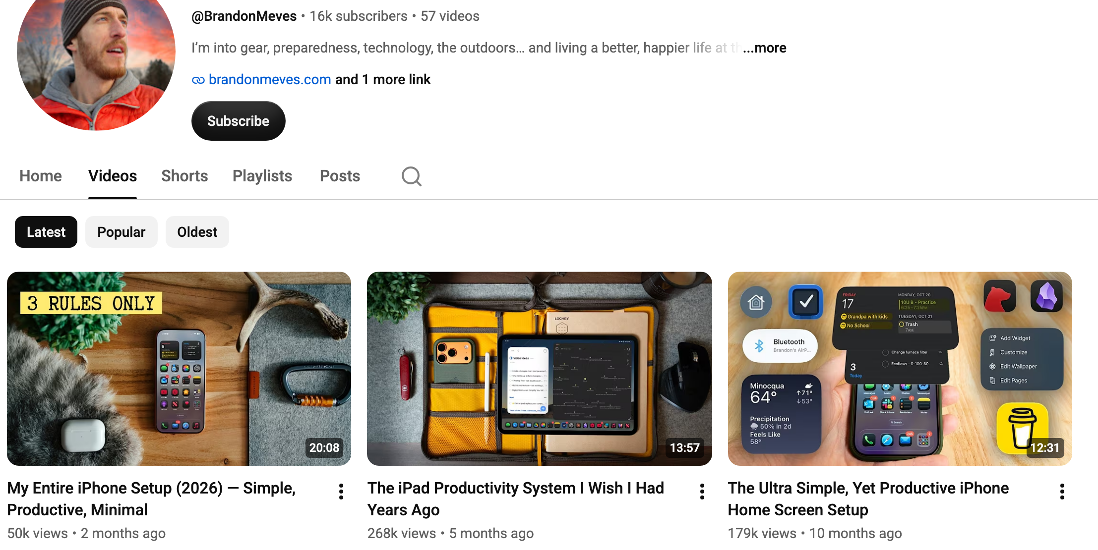 Brandon Meves' YouTube Videos tab sorted by Latest, the iPad setup video showing a rounded 268K views and a relative date of 5 months ago, with the channel line reading 16k subscribers