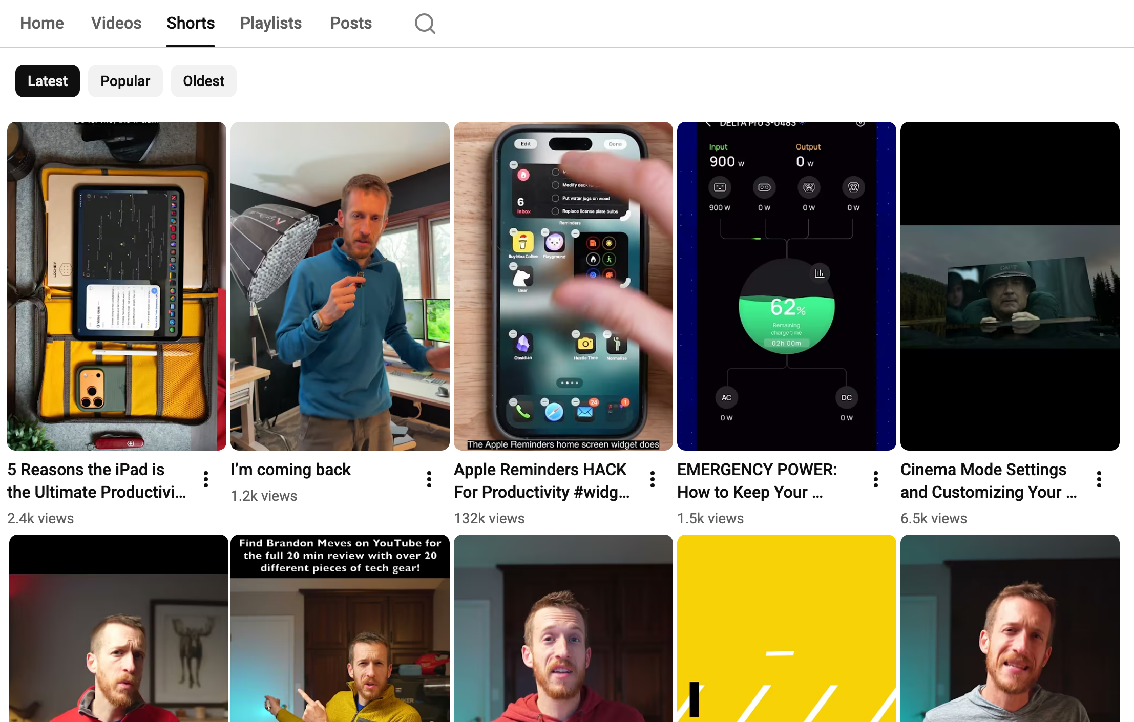 Brandon Meves' Shorts tab with the Shorts sort chips and five vertical Shorts thumbnails, one of them showing 132k views