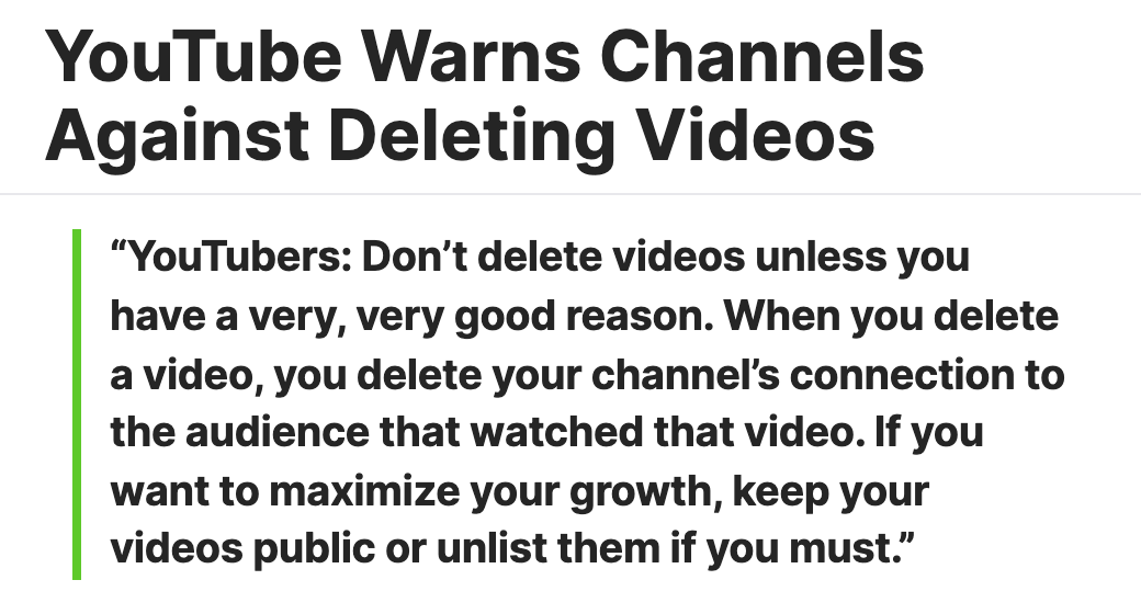 Todd Beaupre of YouTube telling creators not to delete videos because deleting removes the channel's connection to that video's audience.