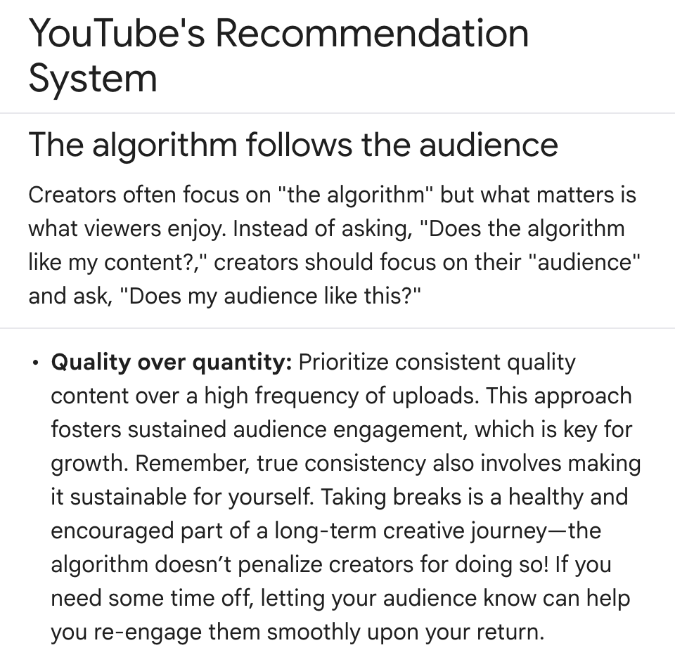 YouTube Help page text saying the algorithm follows the audience and that taking breaks is not penalised.