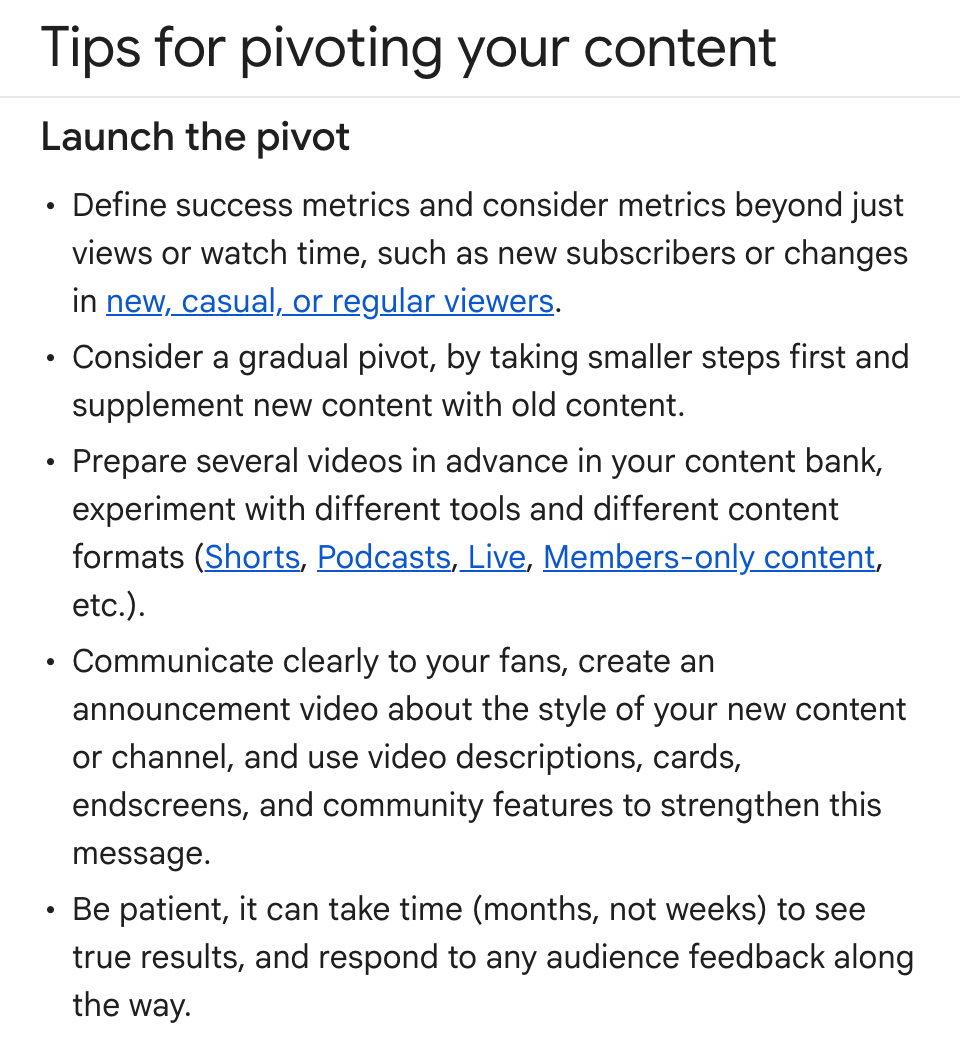 YouTube Help page on changing a channel's direction, advising patience because results take months, not weeks.