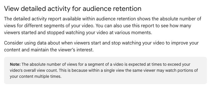 YouTube Help paragraph on the detailed activity report, which counts how many viewers started and stopped at each moment, with the note that segment views can exceed total views