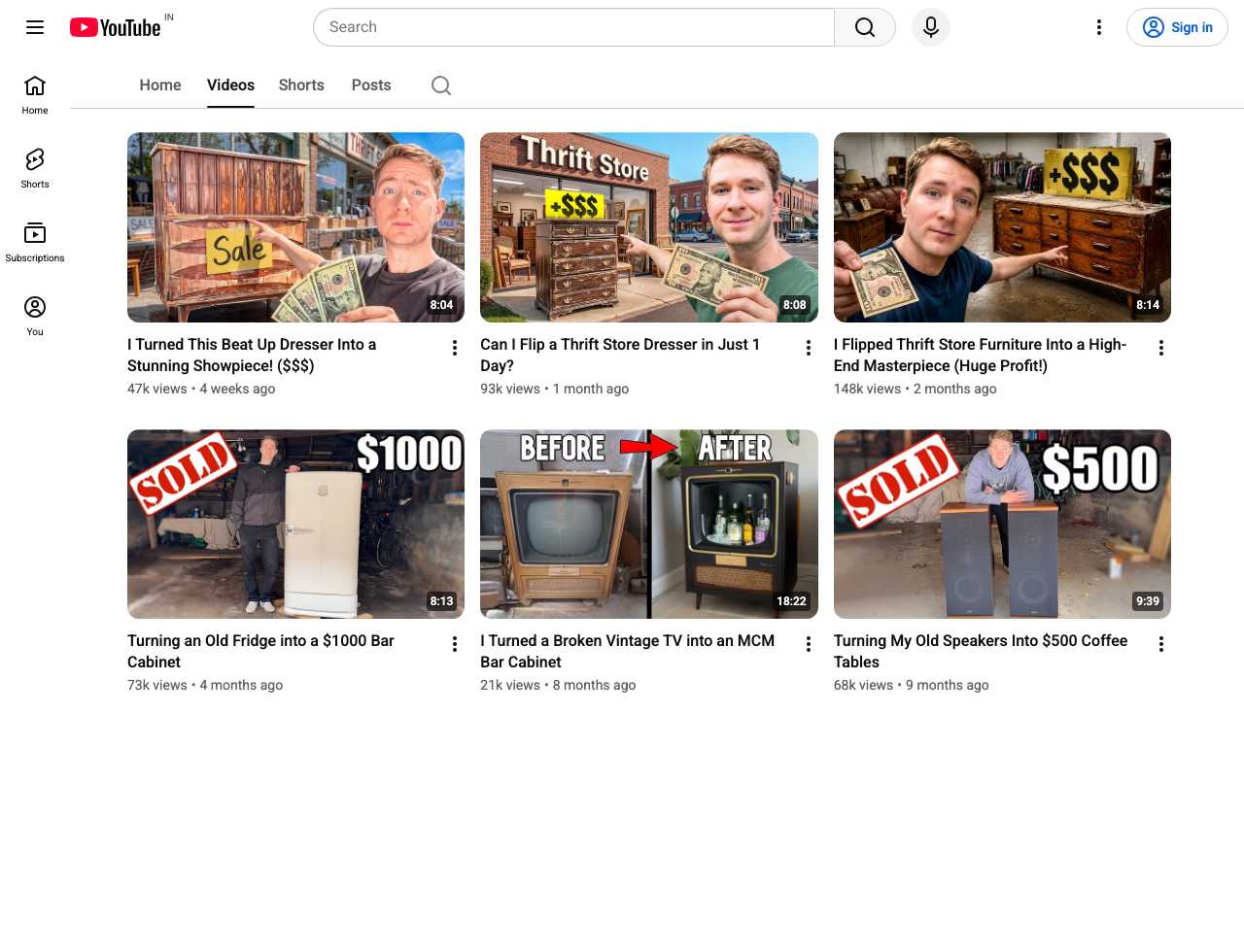 New Life by Noah's /videos tab listing its six long-form uploads, the view that hides all 70 Shorts