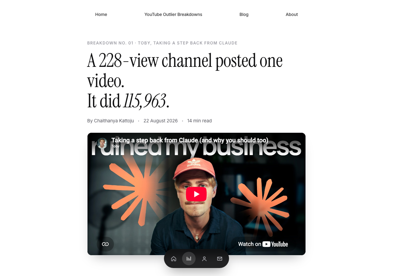 Breakdown Theory's own published YouTube outlier breakdown headlined "A 228-view channel posted one video. It did 115,963."