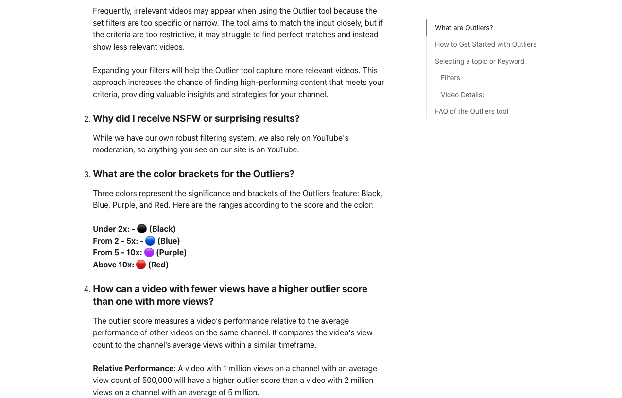vidIQ's help page showing its outlier score colour brackets, from under 2x in black to above 10x in red