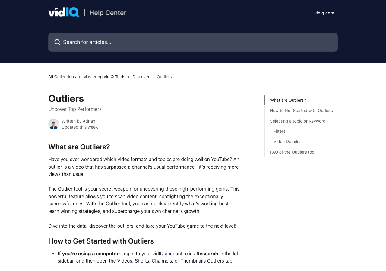 vidIQ's help centre page defining an outlier as a video that surpassed a channel's usual performance