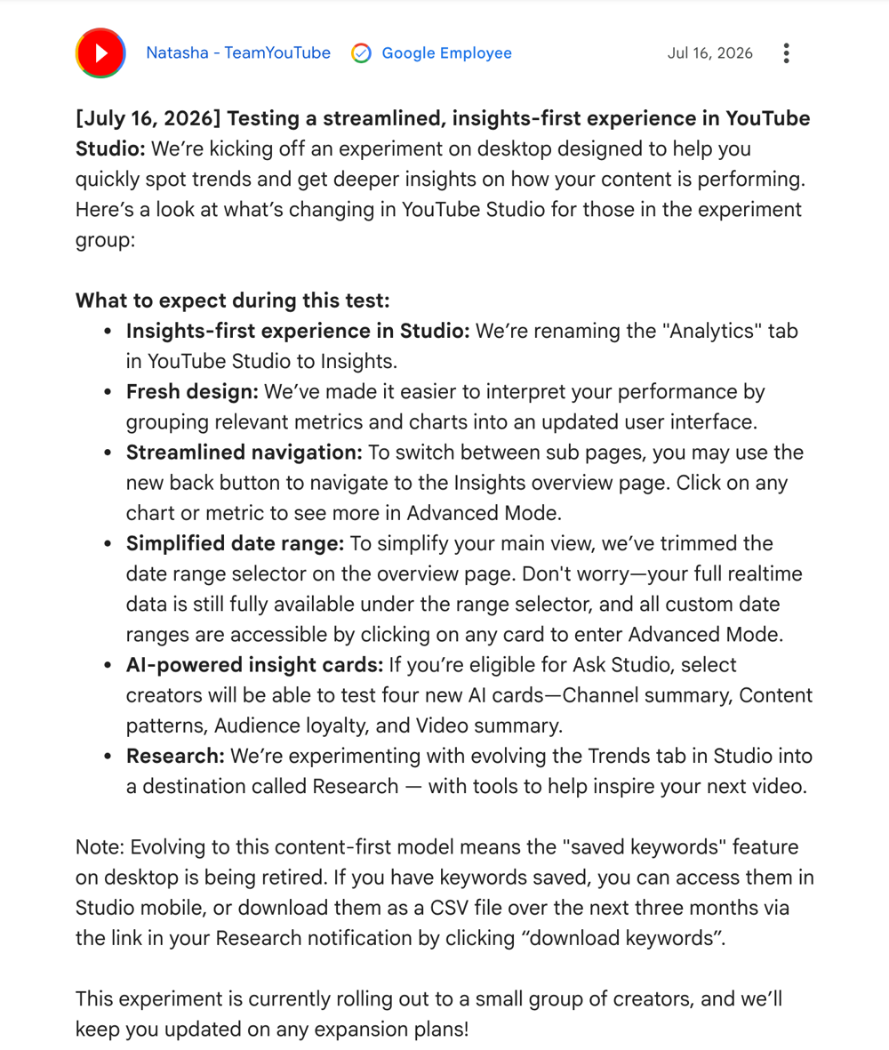 Screenshot of the official TeamYouTube post dated 16 July 2026, describing the Analytics rename to Insights, the Trends tab evolving into Research, the retiring of saved keywords, and an experiment rolling out to a small group of creators