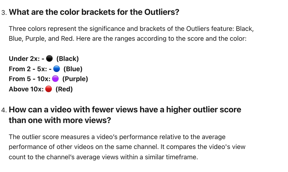 Screenshot of vidIQ's help page, read 2 October 2026, showing its outlier colour bands from under 2x (black) to above 10x (red) and the line that the score compares a video's views to the channel's average views within a similar timeframe