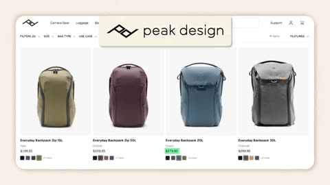 the first frame at 0:00, Peak Design’s backpack page
