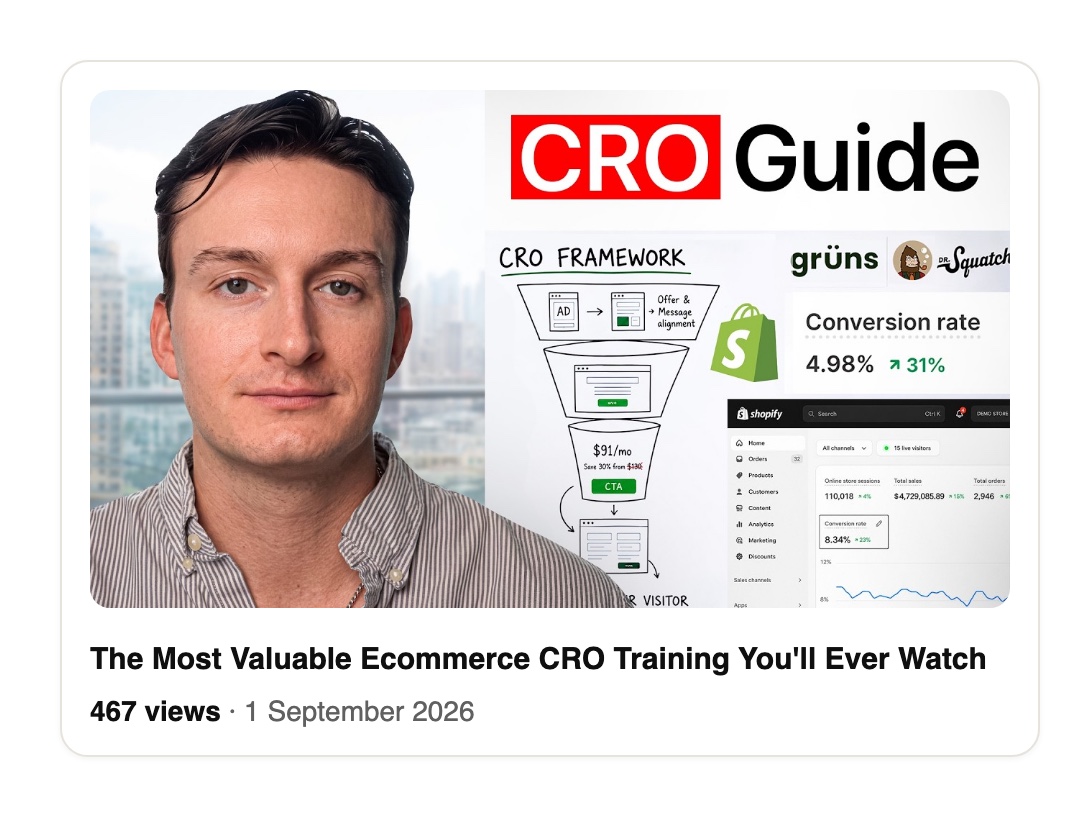 the 1 September CRO training, his face, a funnel diagram and the Grüns and Dr. Squatch logos, 467 views