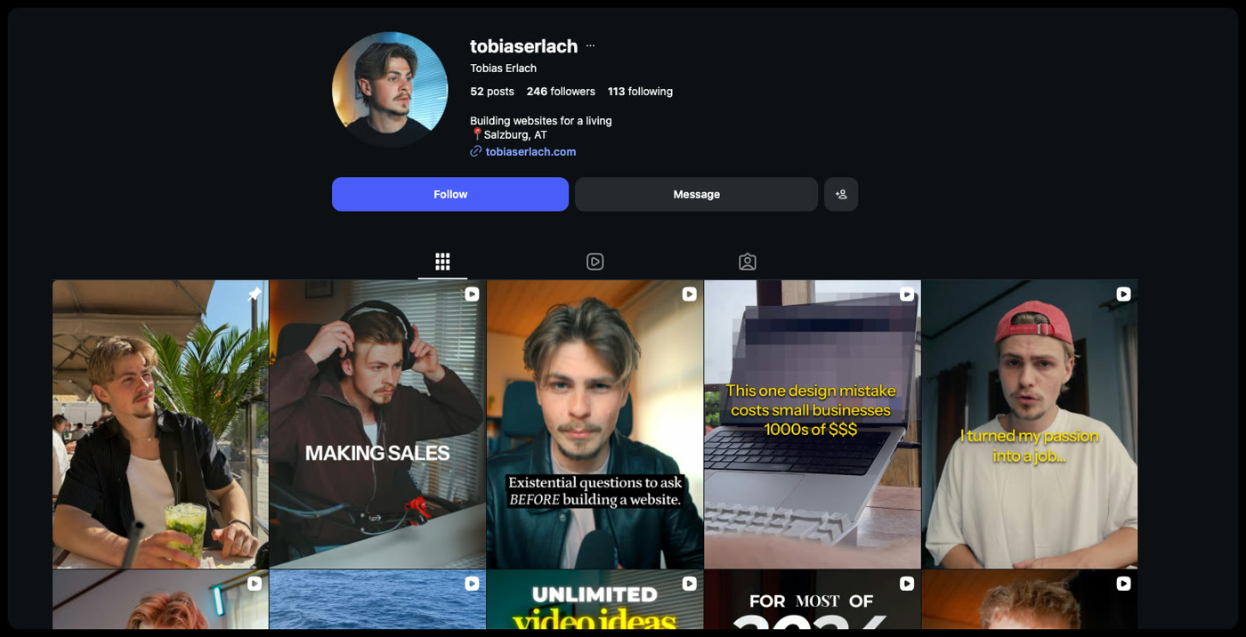 Toby's Instagram profile, checked 24 August